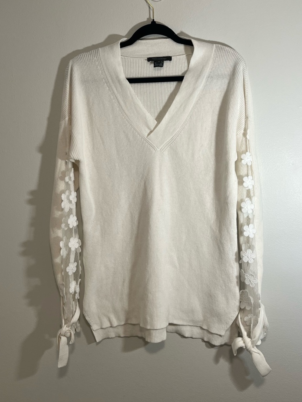French Connection Cream V-Neck Sweater with Floral Lace Tie Sleeves